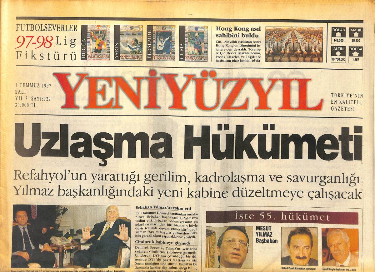 Yeni Yüzyıl Gazetesi 1 Temmuz 1997 - Çiller'in Bayar'ı Ayartma Taktiği - Sabancı Borsa'da GZ147874 - 1