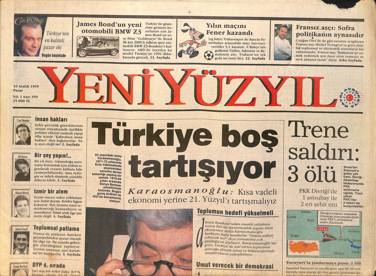 Yeni Yüzyıl Gazetesi 10 Aralık 1995 - Çiller İlginç Bir Armağan Aldı - Kanaryanın Zafer Marşı GZ3307 - 1