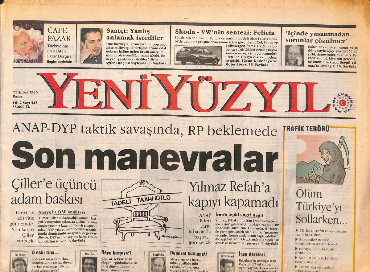Yeni Yüzyıl Gazetesi 11 Şubat 1996 - Çiller'e Üçüncü Adam Baskısı - Efes, Ufuk'suz Da Kazandı GZ147787 - 1