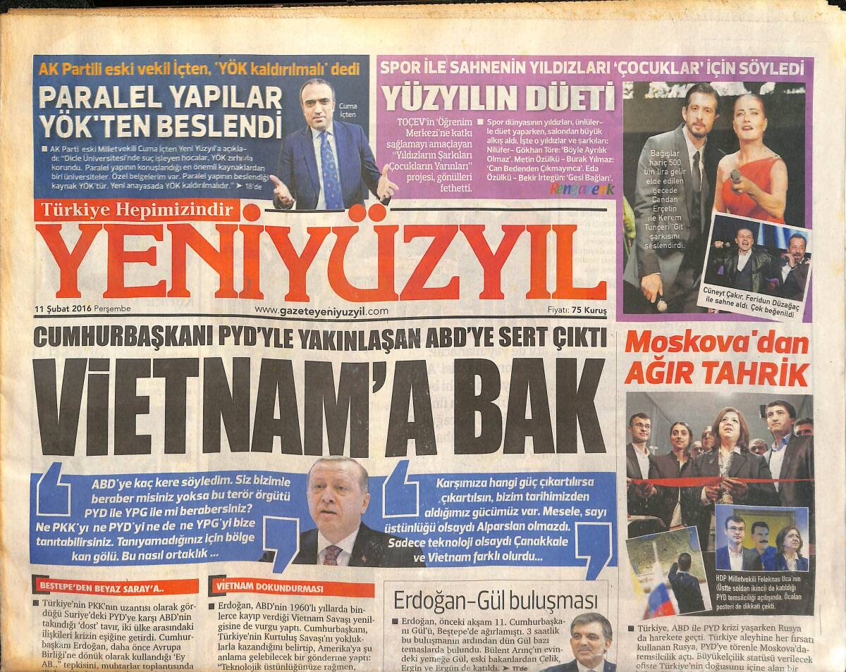 Yeni Yüzyıl Gazetesi 11 Şubat 2016 - Cumhurbaşkanı PYD'YLE Yakınlaşan ABD'YE Sert Çıktı - Moskova'dan Ağır Tahrik GZ136636 - 1