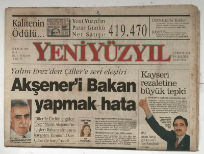 Yeni Yüzyıl Gazetesi 12 Kasım 1996 - Erbakana Kaddafiden İkinci Tokat GZ5529 - 2