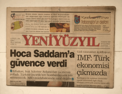 Yeni Yüzyıl Gazetesi 13 Eylül 1996 - Hoca Saddam a Güvence Verdi GZ5430 - 2