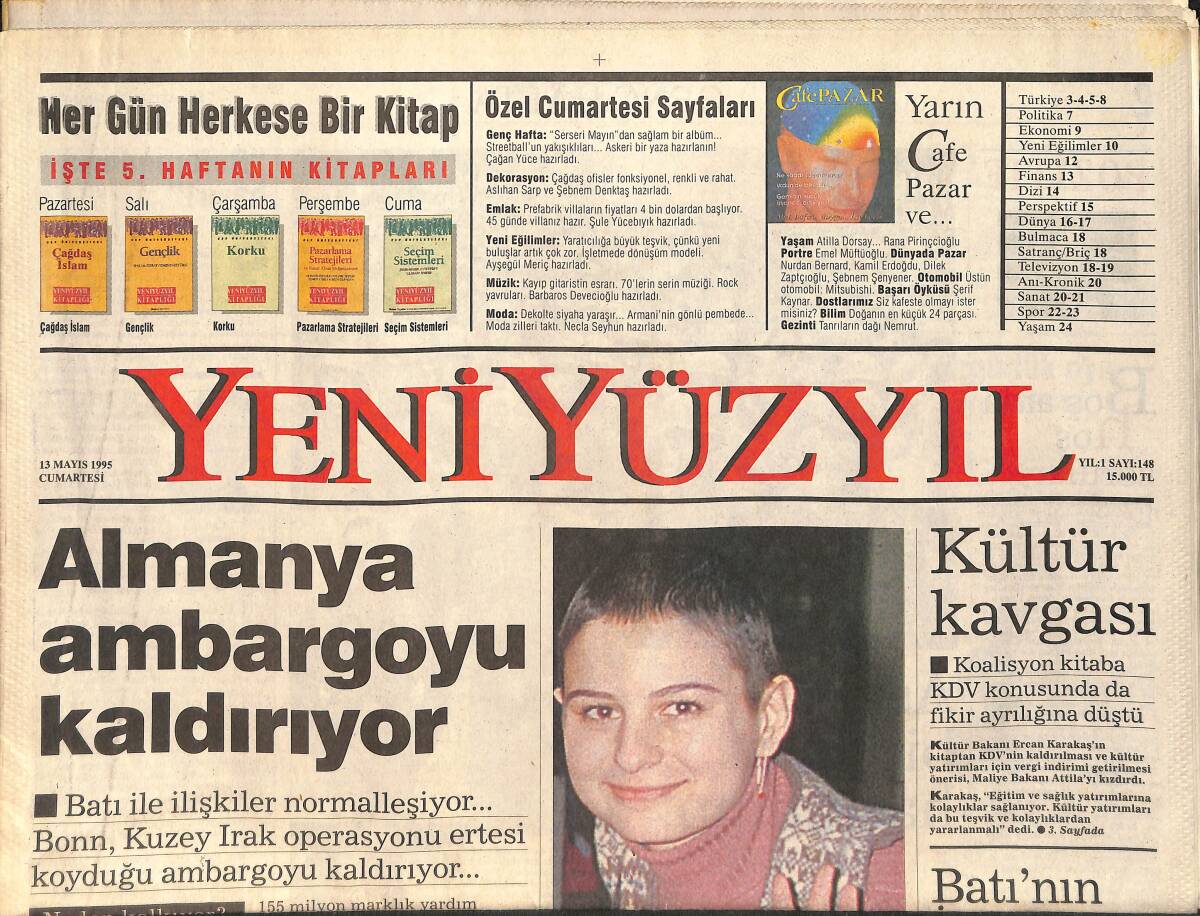 Yeni Yüzyıl Gazetesi 13 Mayıs 1995 - Burçak Çerezcioğlu Kansere Yenildi - Nelson Mandela: Beyazların Sadakatine İnanıyorum GZ3175 - 1