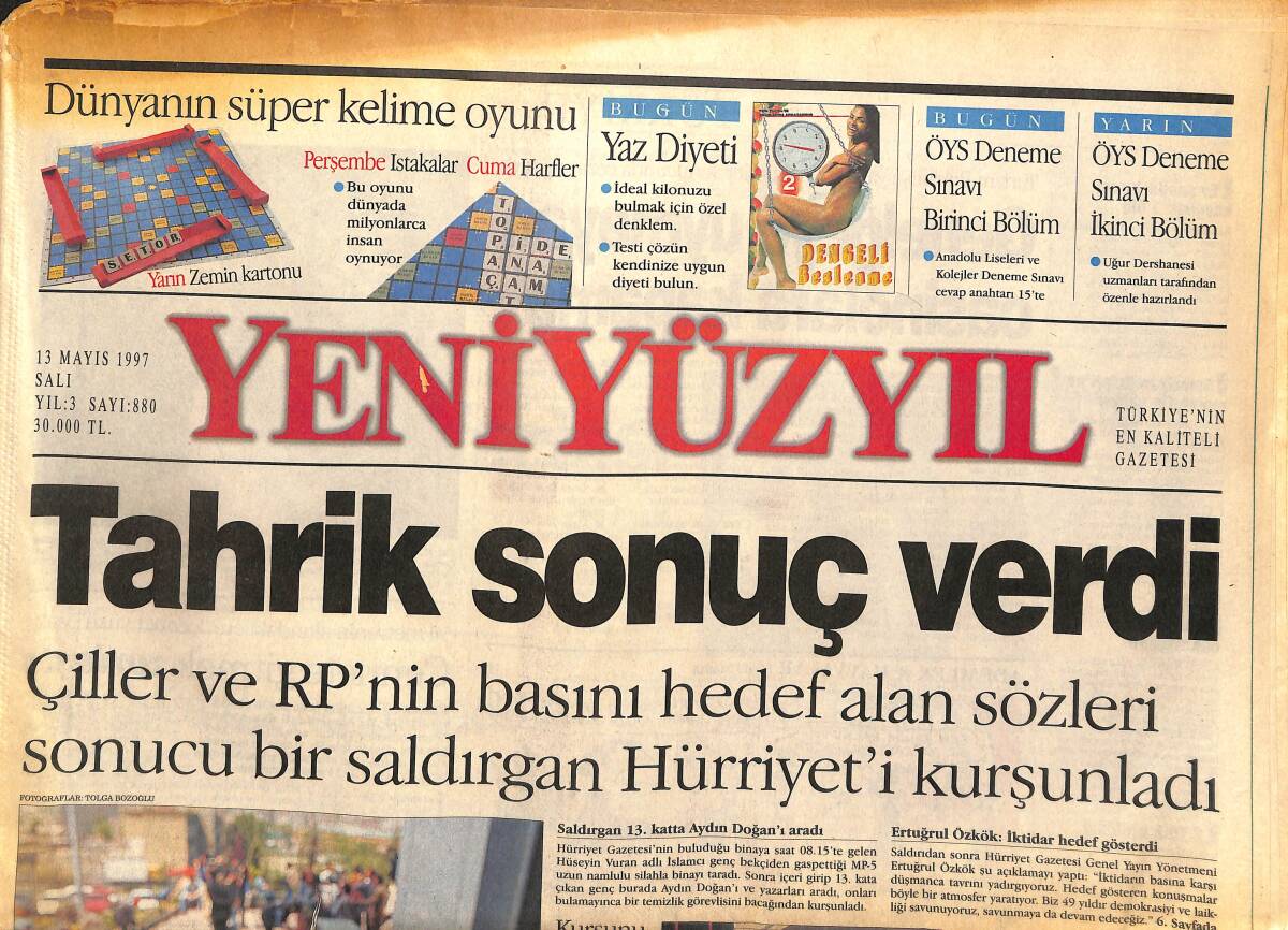 Yeni Yüzyıl Gazetesi 13 Mayıs 1997 - TÜSİAD : Çiller Halkı Kışkırtıyor - Kasparov Yenilgiyi Hazmedemedi GZ147676 - 1