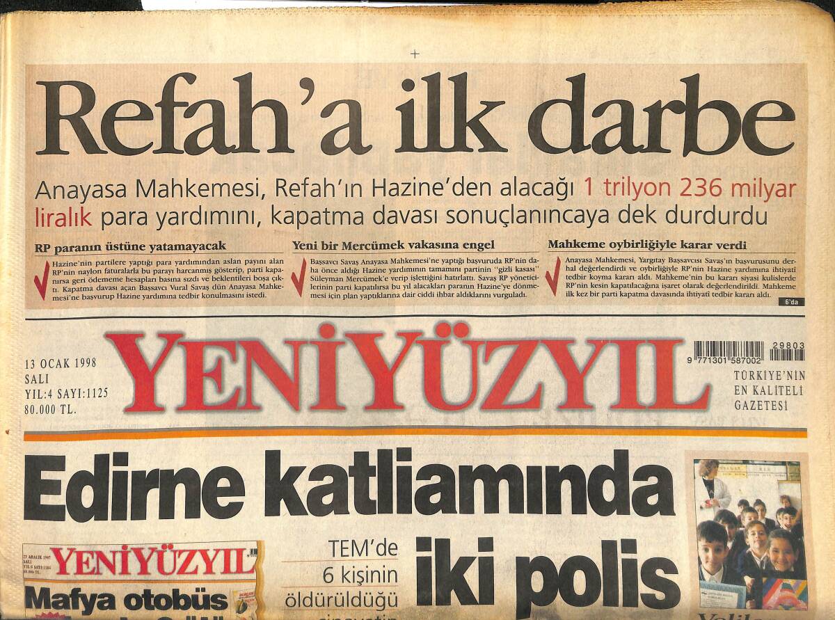 Yeni Yüzyıl Gazetesi 13 Ocak 1998 - Refah'a İlk Darbe - Natacha Türkiye'nin Reklamını Yapıyor GZ147728 - 1