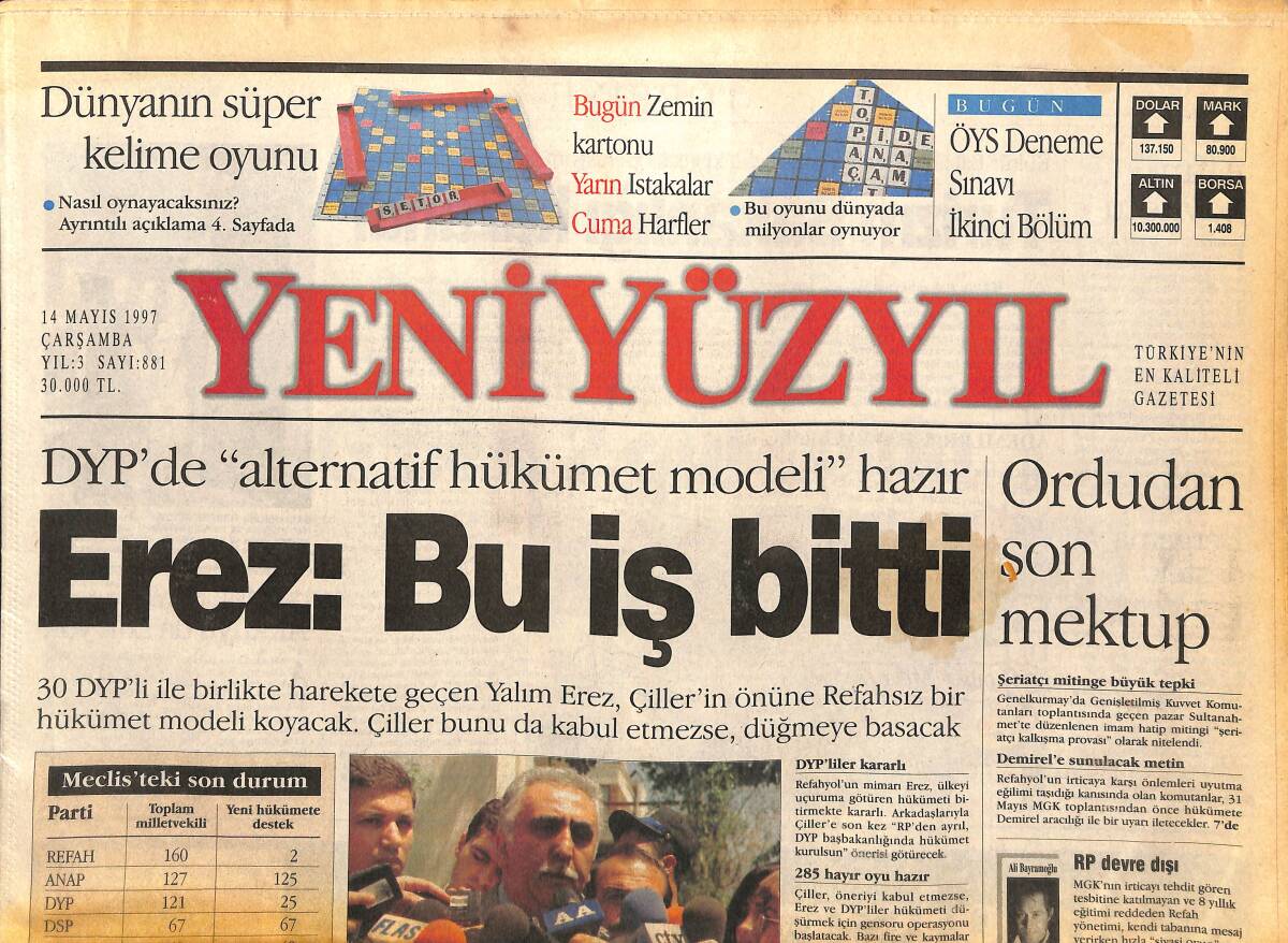 Yeni Yüzyıl Gazetesi 14 Mayıs 1997 - Cannes'da Gören-Chirac Buluşması - İş Dünyası İsyan Etti GZ147693 - 1