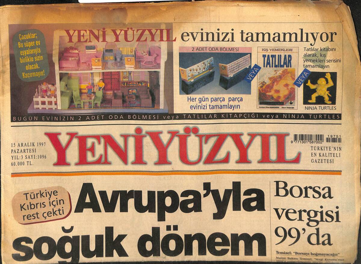 Yeni Yüzyıl Gazetesi 15 Aralık 1997 - Borsa Vergisi 99'da - RP'den Yeni Parti Atağı GZ147766 - 1