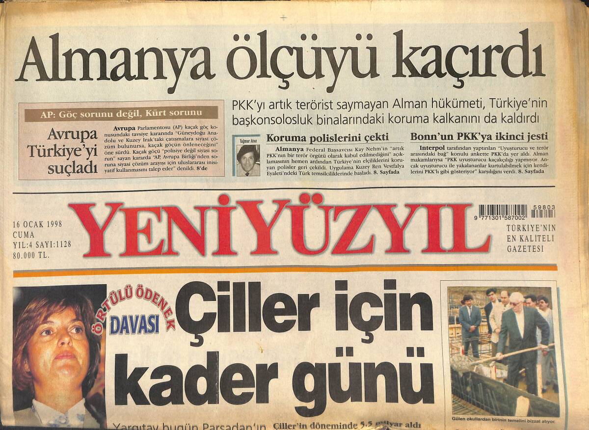 Yeni Yüzyıl Gazetesi 16 Ocak 1998 - Çiller İçin Kader Günü - Hülya Avşar Doğurdu GZ147727 - 1