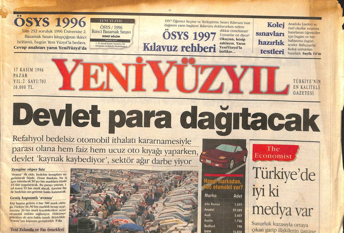 Yeni Yüzyıl Gazetesi 17 Kasım 1996 - Devlet Para Dağıtacak - Refah'ta DYP'ye İsyan GZ147687 - 1