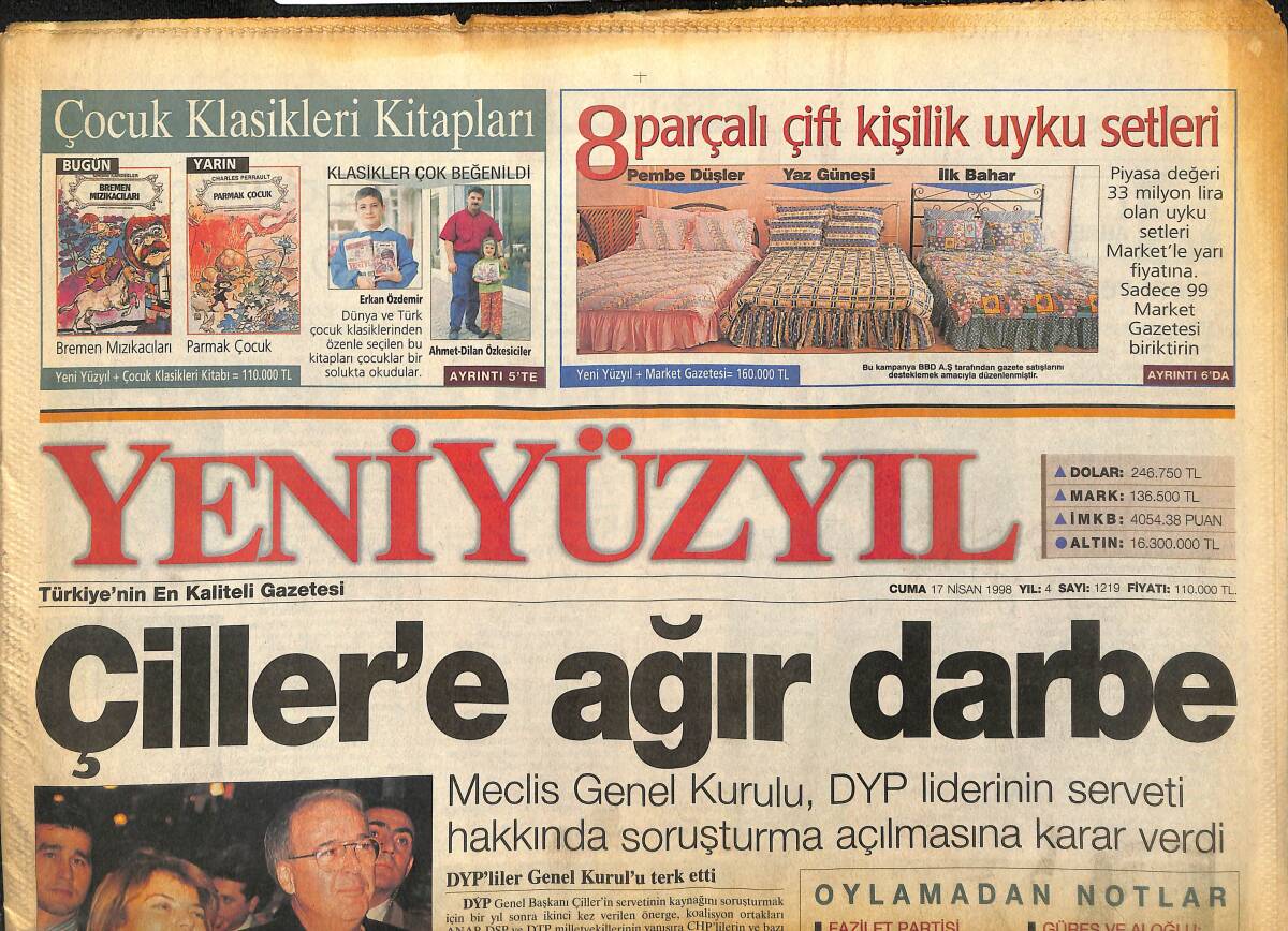 Yeni Yüzyıl Gazetesi 17 Nisan 1998 - Çiller'e Ağır Darbe - Mart 99'da Çifte Seçim GZ147734 - 1