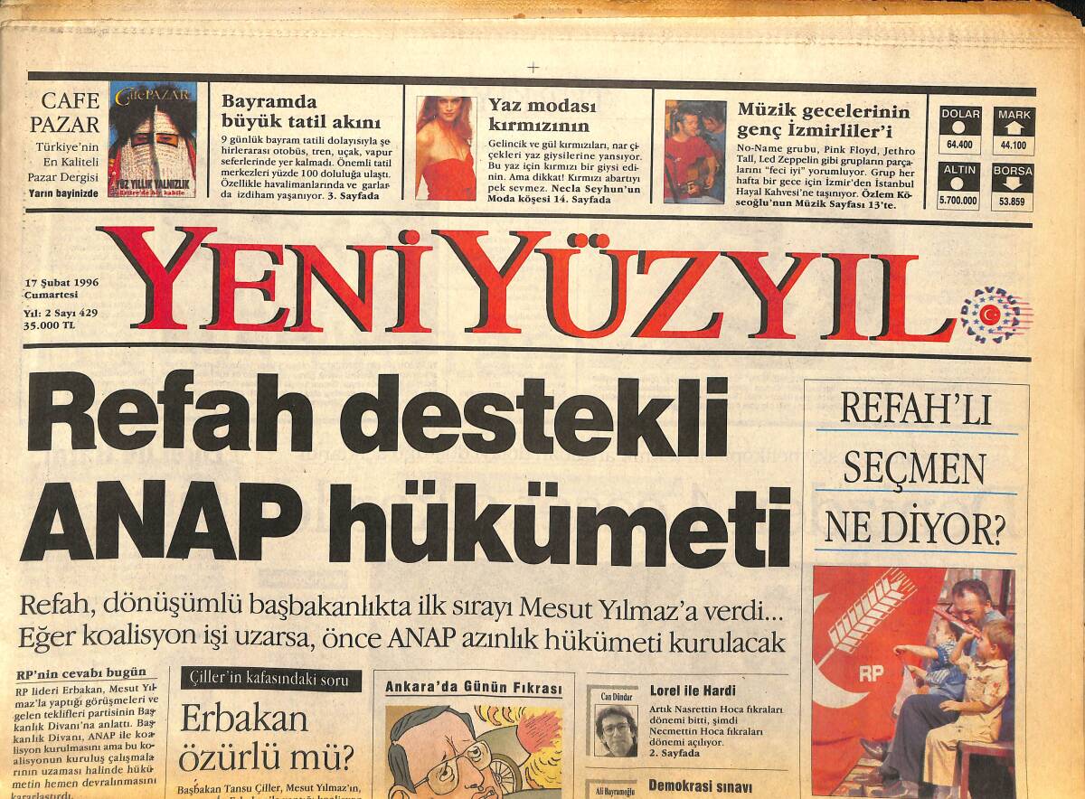 Yeni Yüzyıl Gazetesi 17 Şubat 1996 - Refah Destekli ANAP Hükümeti - Çiller'in Kafasındaki Soru Erbakan Özürlü Mü? GZ147830 - 1