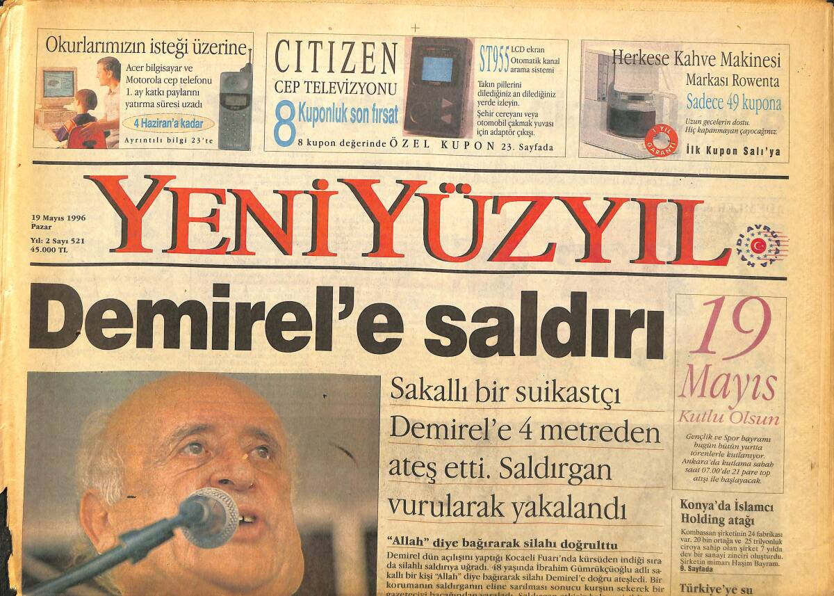 Yeni Yüzyıl Gazetesi 19 Mayıs 1996 - Demirel'e Saldırı - Futbol Kralını Arıyor GZ147767 - 1