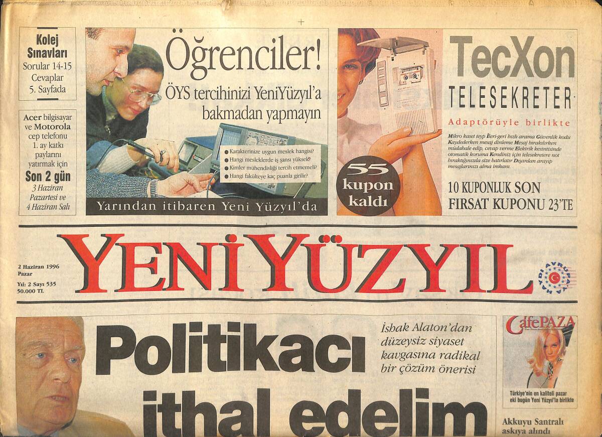 Yeni Yüzyıl Gazetesi 2 Haziran 1996 - Taşkışla'da Bedava Dünya Gezisi - Akkuyu Santralı Askıya Alındı GZ147735 - 1
