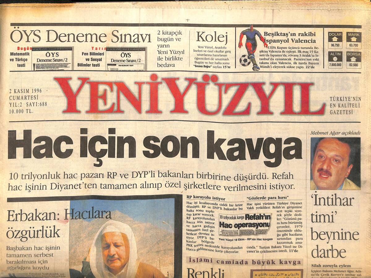 Yeni Yüzyıl Gazetesi 2 Kasım 1996 - Galatasaray Tango'yu Beceremedi - Hac İçin Son Kavga GZ147856 - 1