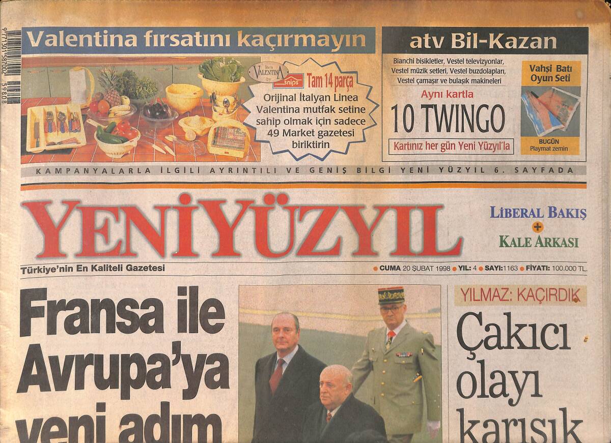 Yeni Yüzyıl Gazetesi 20 Şubat 1998 - Çakıcı Olayı Karışık - Refah Bugün Tarihe Karışıyor GZ155481 - 1