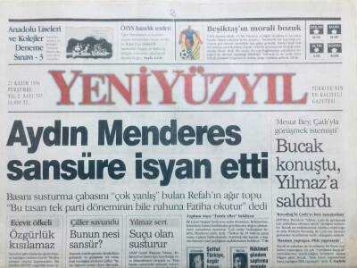 Yeni Yüzyıl Gazetesi 21 Kasım 1996 - Aydın Menderes Sansüre İsyan Etti GZ42949 - 1