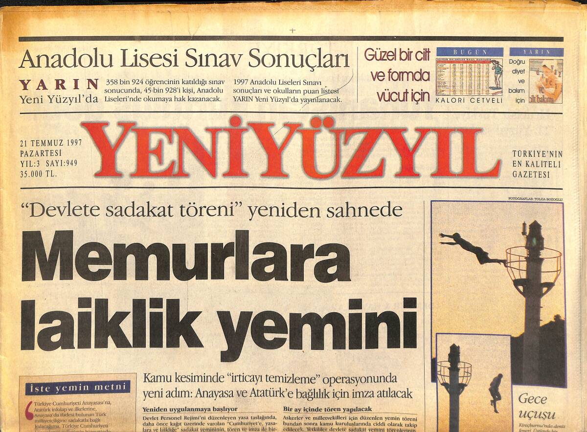 Yeni Yüzyıl Gazetesi 21 Temmuz 1997 - Memurlara Laiklik Yemini - Ecevit'ten Avrupa'ya Rest GZ147820 - 1