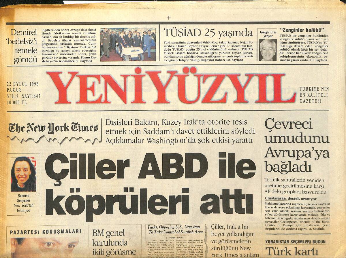 Yeni Yüzyıl Gazetesi 22 Eylül 1996 - Çiller ABD İle Köprüleri Attı - Kelle Vergisi Kapıda GZ147723 - 1