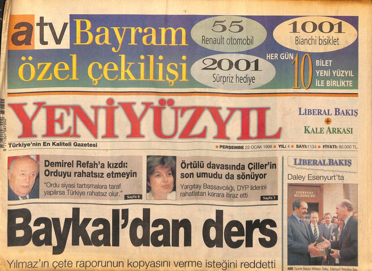 Yeni Yüzyıl Gazetesi 22 Ocak 1998 - Herkül'ün Yıldızı Tarkan - Linda Gray Kadınlara Destek Çıktı - Türk Pop'un Lideri Kubat GZ147824 - 1