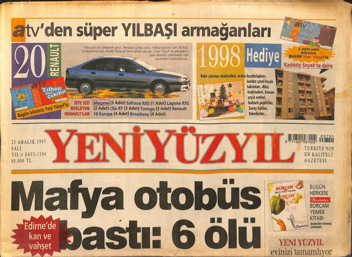 Yeni Yüzyıl Gazetesi 23 Aralık 1996 - Öcalan Gıyabında Yargılanıyor - İstanbul Kiliseleri Noel'e Hazır GZ147835 - 1