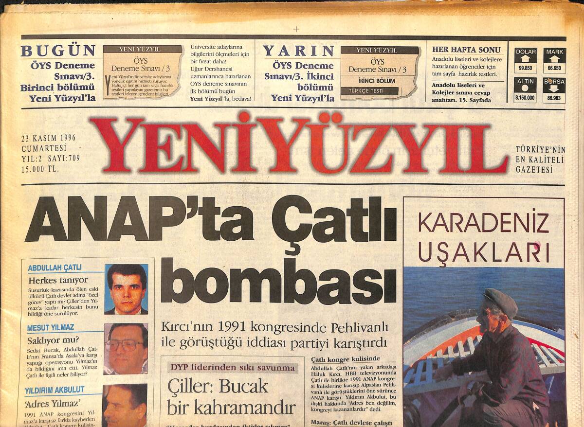 Yeni Yüzyıl Gazetesi 23 Kasım 1996 - ANAP'ta Çatlı Bombası - Fener Sadece Ali Şen Değil - Şahmaran'da Bol Makyajlı Türkan Şoray GZ147832 - 1