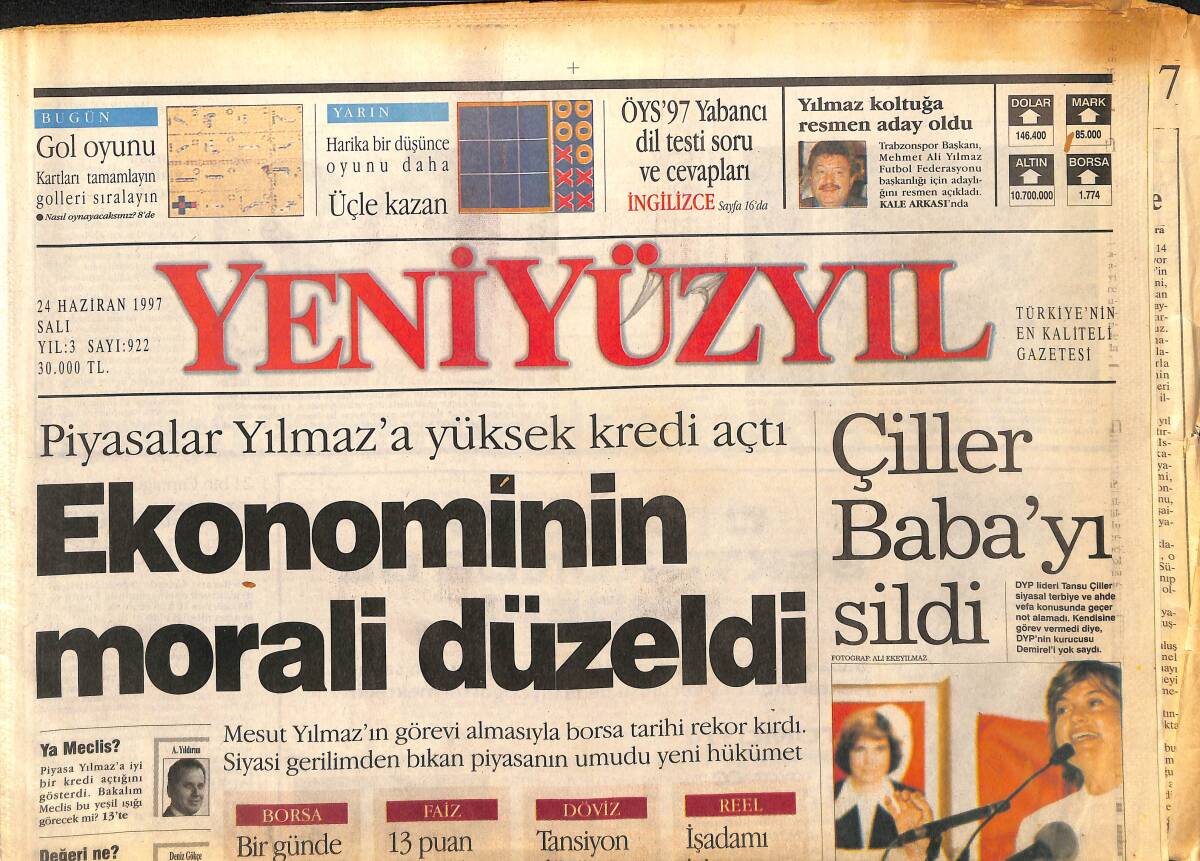 Yeni Yüzyıl Gazetesi 24 Haziran 1997 - Ağar Hakkında İkinci Fezleke - Piyasalar Yılmaz'a Yüksek Kredi Açtı GZ147690 - 1