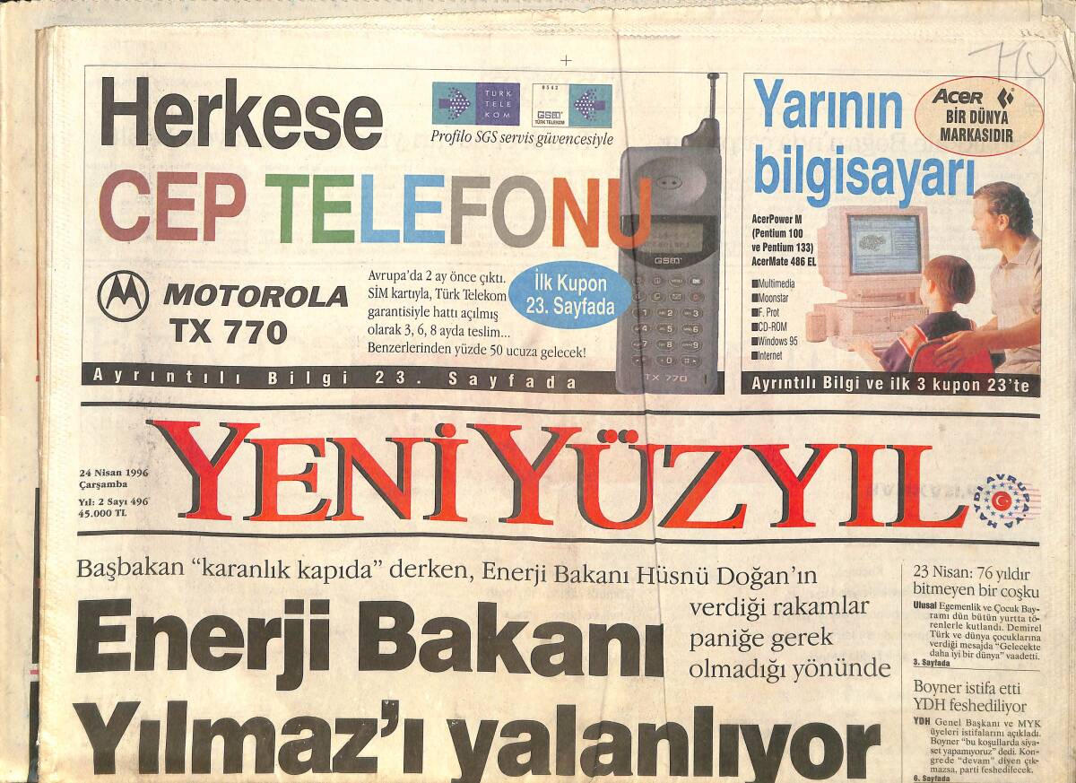 Yeni Yüzyıl Gazetesi 24 Nisan 1996 - Bebek'te Çadır Cami - Talabani: Türkiye Bizi İtti GZ3795 - 1