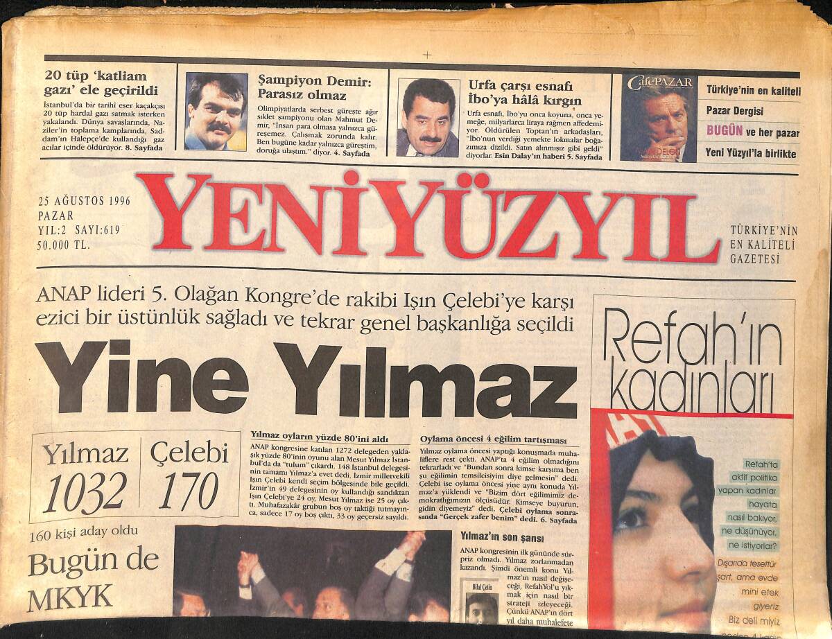 Yeni Yüzyıl Gazetesi 25 Ağustos 1996 - Urfa Çarşı Esnafı İbrahim Tatlıses'e Hâlâ Kırgın - Refah'ın Kadınları GZ155475 - 1