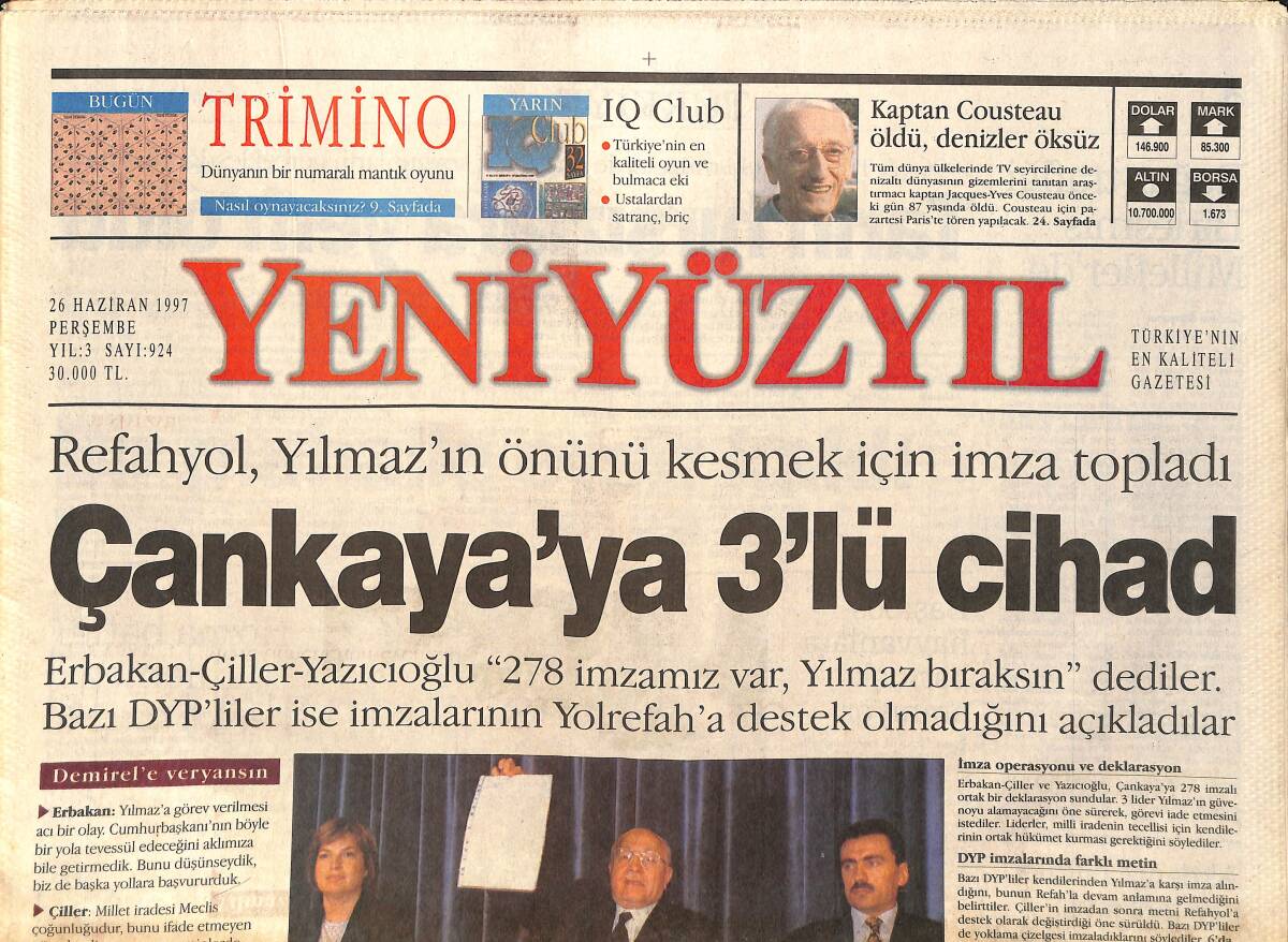 Yeni Yüzyıl Gazetesi 26 Haziran 1997 - Çankaya'ya Üçlü Cihad - İbo'nun Değişmez Gözdesi Karanfil GZ3209 - 1