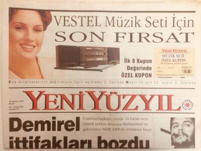 Yeni Yüzyıl Gazetesi 26 Kasım 1995 - Demirel İttifakları Bozdu GZ38857 - 1