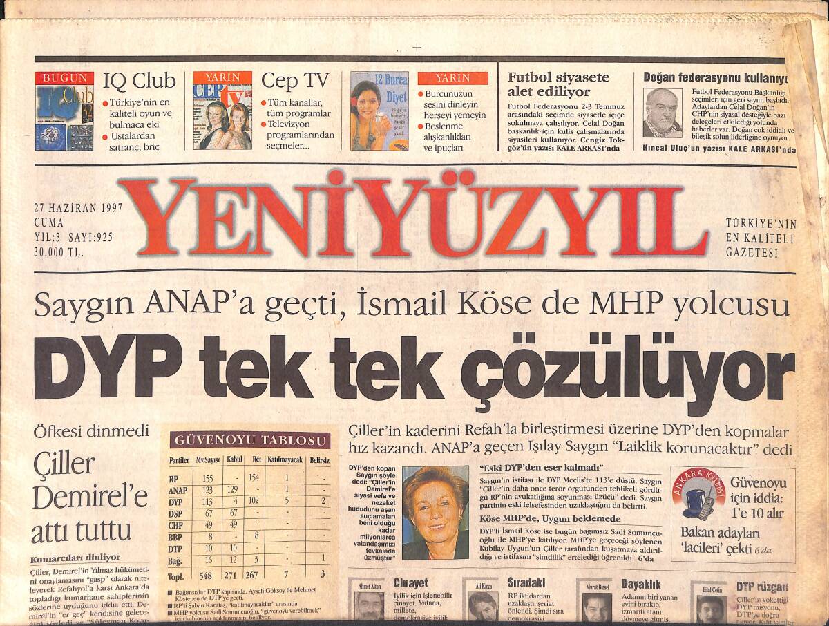 Yeni Yüzyıl Gazetesi 27 Haziran 1997 - Çiller Çıldırmış Olmalı - Şimdi Moda Laiklik GZ2932 - 1