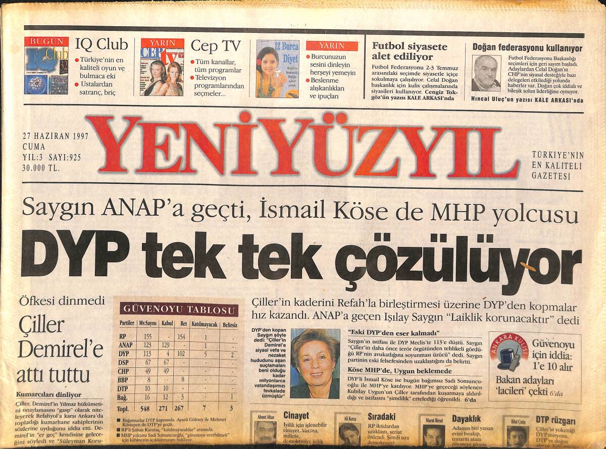 Yeni Yüzyıl Gazetesi 27 Haziran 1997 - DYP Tek Tek Çözülüyor - Kombassan'ın Umudu Medya GZ147689 - 1