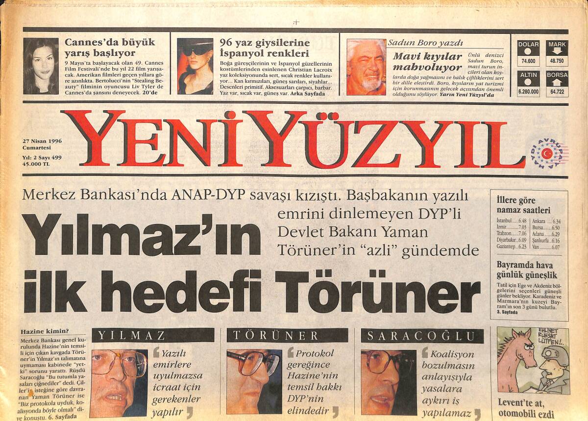 Yeni Yüzyıl Gazetesi 27 Nisan 1996 - İsrail Ateşi Kesti - Barzani Apo'yla Görüşmeye Gidiyor GZ147681 - 1