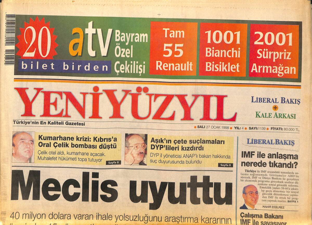 Yeni Yüzyıl Gazetesi 27 Ocak 1998 - Para Tarikatı Titan Didik Didik Ediliyor - Clinton'la Stajyeri Tiyatroda Basmışlar GZ147761 - 1