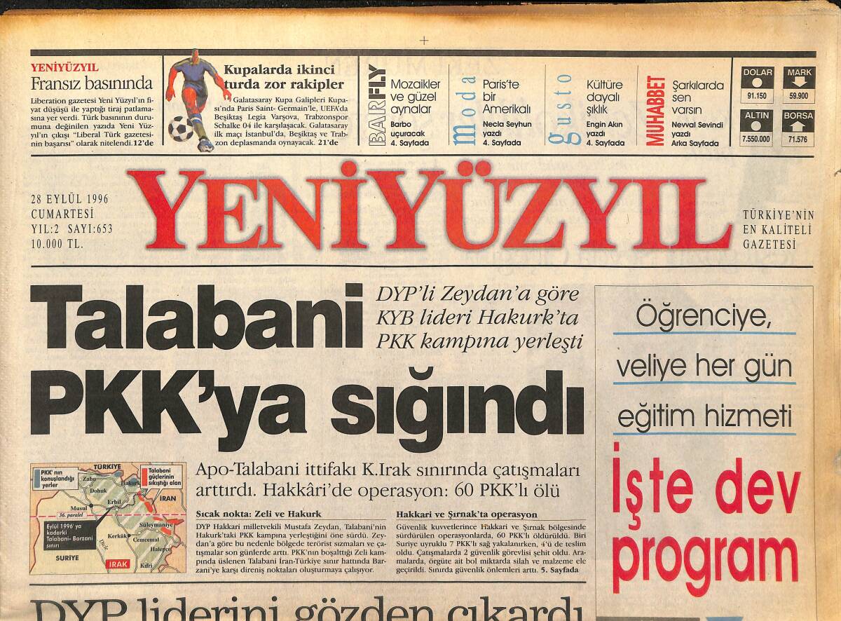 Yeni Yüzyıl Gazetesi 28 Eylül 1996 - Talabani PKK'ya Sığındı - Afganistan'da Söz Şeriatın GZ147746 - 1