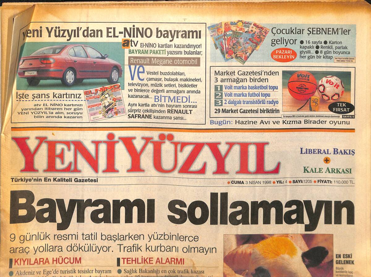 Yeni Yüzyıl Gazetesi 3 Nisan 1998 - Refahların Mesai Vurgunu: Recep Tayyip Erdoğan - Le Pen'e 2 Yıl Siyaset Yasağı GZ147786 - 1