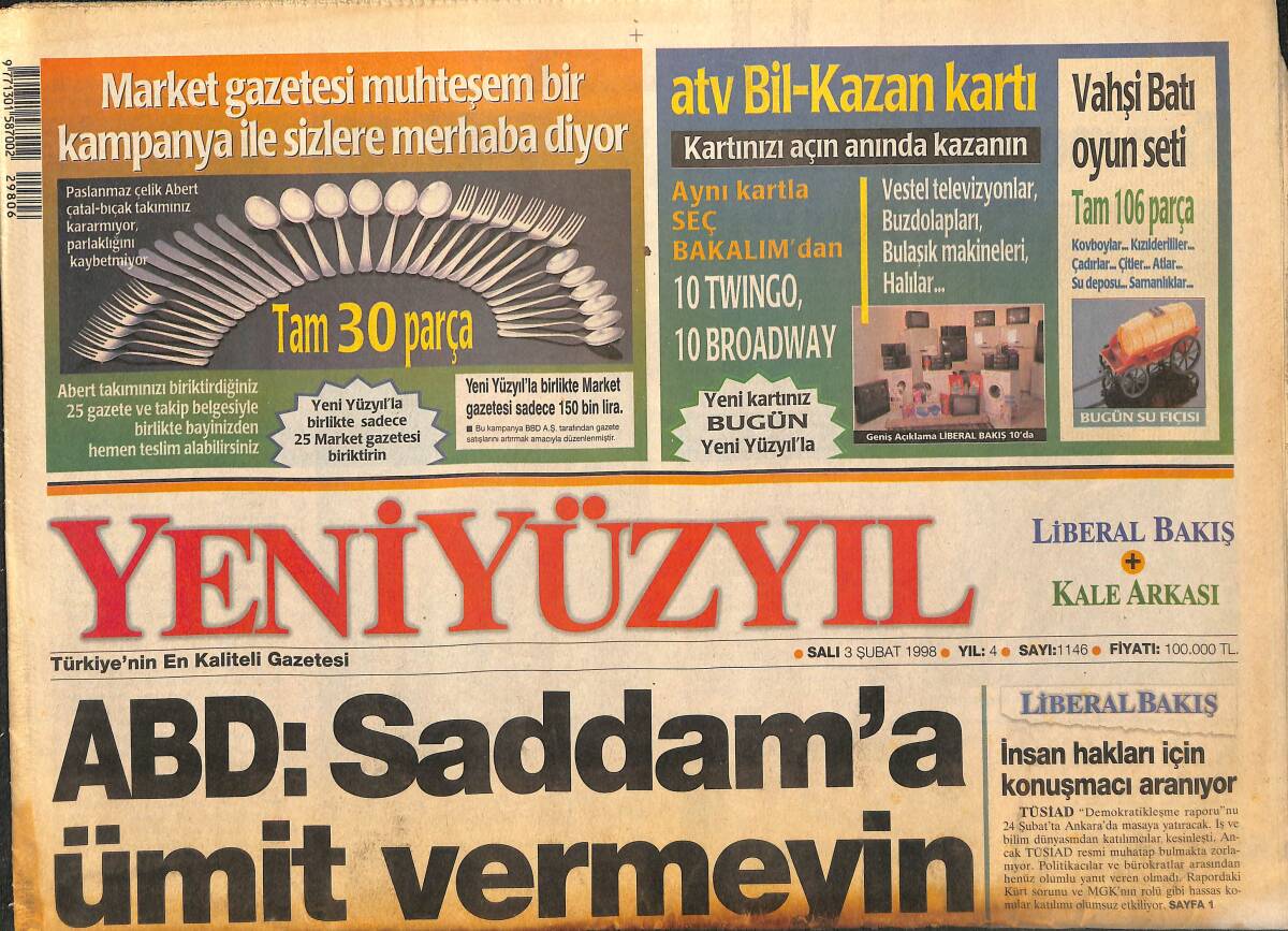 Yeni Yüzyıl Gazetesi 3 Şubat 1998 - ABD : Saddam'a Ümit Vermeyin - Clinton'dan Rating Rekoru GZ147770 - 1