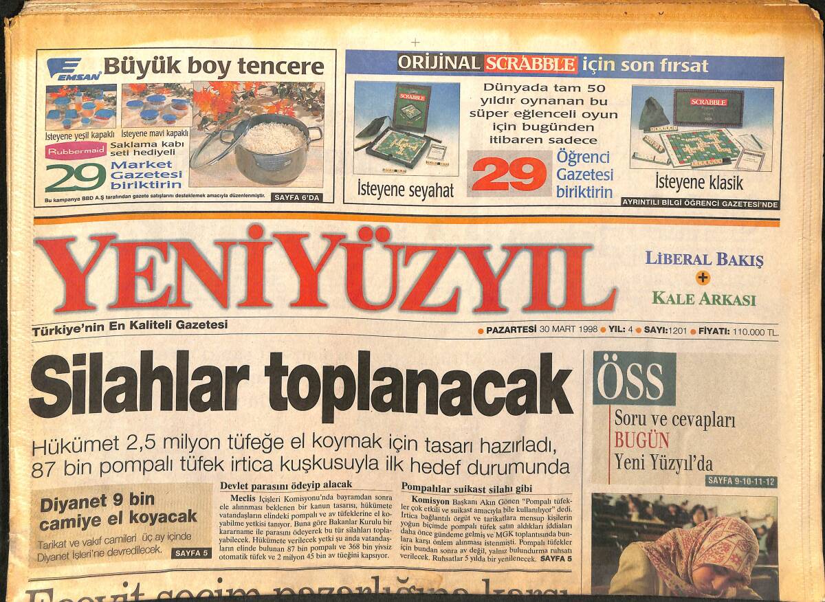Yeni Yüzyıl Gazetesi 30 Mart 1998 - En İyi Kadın Oyuncu Oscarı'nın Sahibi Helen Hunt - ANAP Korktu GZ147788 - 1