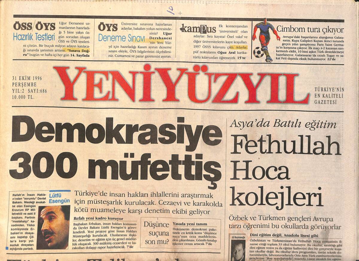 Yeni Yüzyıl Gazetesi 31 Ekim 1996 - ABD'de Yılın Doktoru Bir Türk - ANAP'ta Vitrin Kavgası GZ2411 - 1