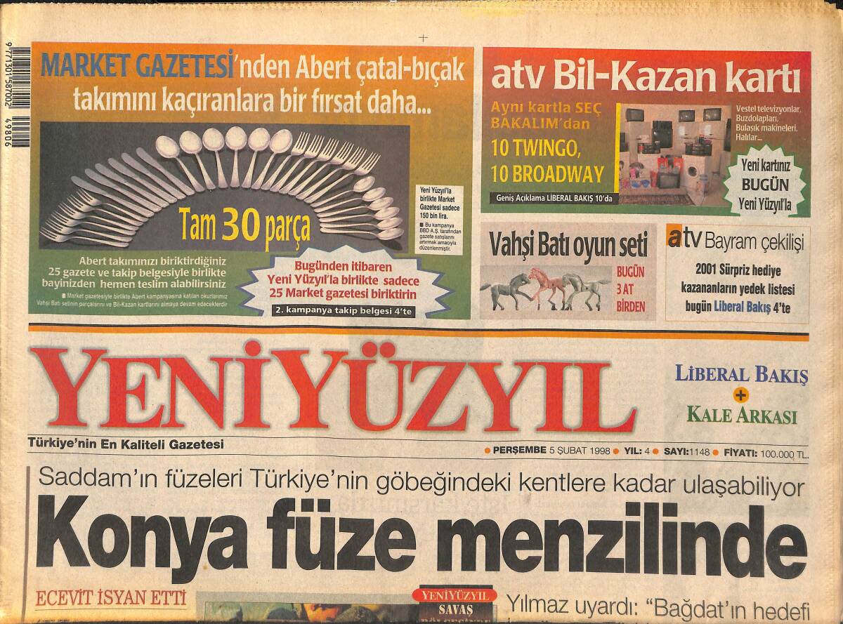 Yeni Yüzyıl Gazetesi 5 Şubat 1998 - Tatlıses'e Kurşun Atanlar Yakalandı - Ürdün Sınırı Kapattı GZ147774 - 1