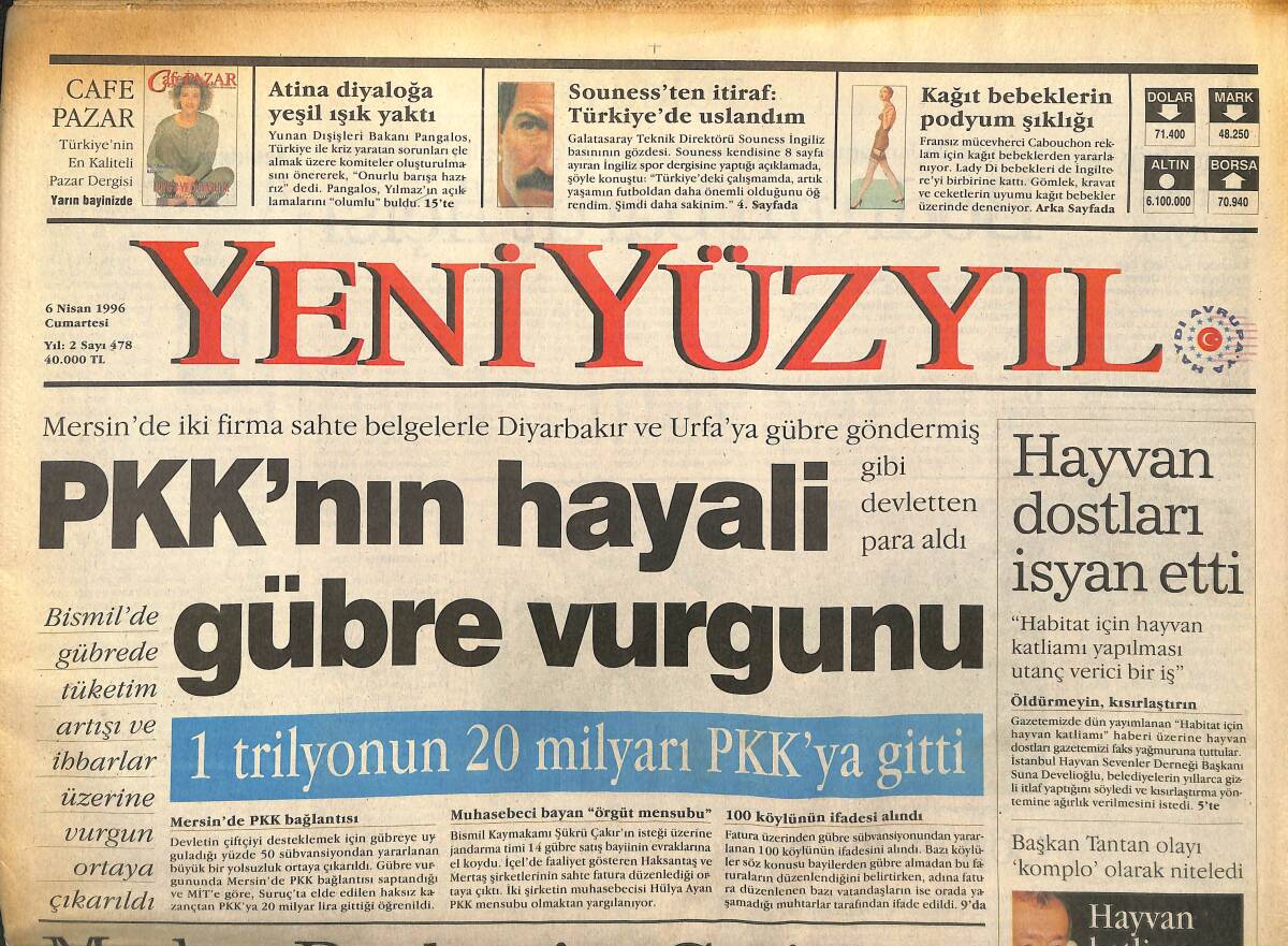Yeni Yüzyıl Gazetesi 6 Nisan 1996 - PKK'nın Hayali Gübre Vurgunu - Büyük Akdeniz Rüyası GZ147731 - 1
