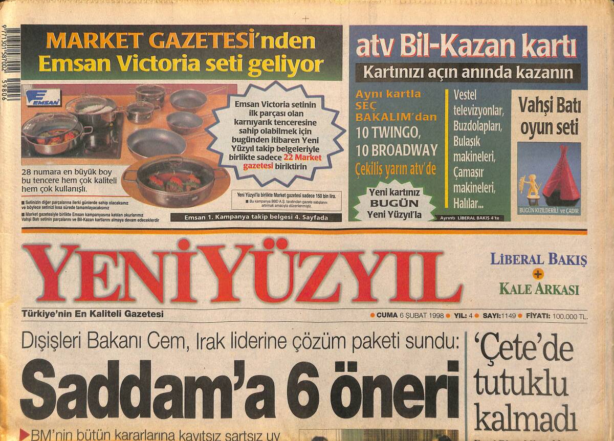Yeni Yüzyıl Gazetesi 6 Şubat 1998 - Saddam'a 6 Öneri - CHP'den Refah'a Destek GZ147772 - 1