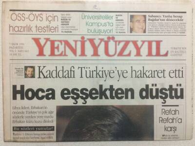 Yeni Yüzyıl Gazetesi 7 Ekim 1996 - Kaddafi Türkiyeye Hakaret Etti,Hoca Eşekten Düştü GZ34004 - 1
