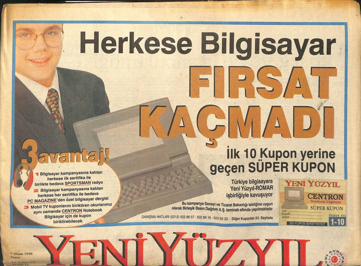 Yeni Yüzyıl Gazetesi 7 Nisan 1996 - Honda'nın Yeni Modeli Türkiye'de - OHAL Erken Kalkacak GZ147730 - 1