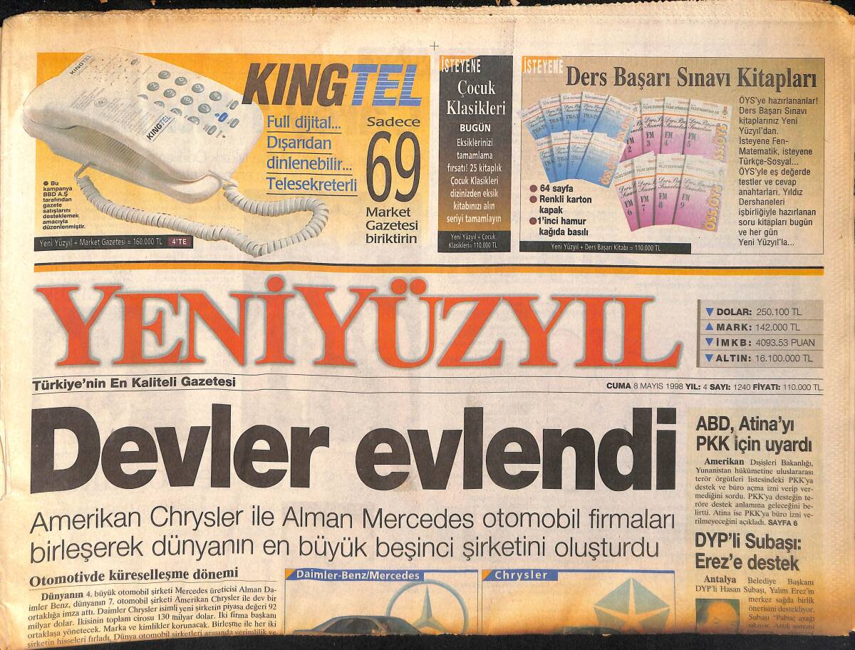 Yeni Yüzyıl Gazetesi 8 Mayıs 1998 - Amerikan Chrysler İle Alman Mercedes Otomobil Firmaları Birleşerek Dünyanın En Büyük Beşinci Şirketini Oluşturdu GZ155476 - 1
