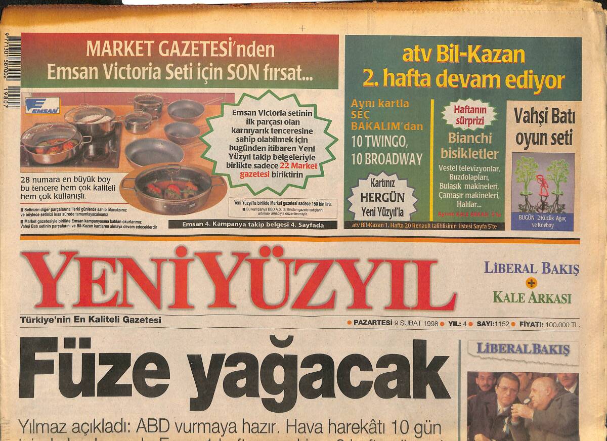 Yeni Yüzyıl Gazetesi 9 Şubat 1998 - Ali Şen'den Fener Taraftarına Veda - Irak Sessizce Bekliyor GZ147769 - 1