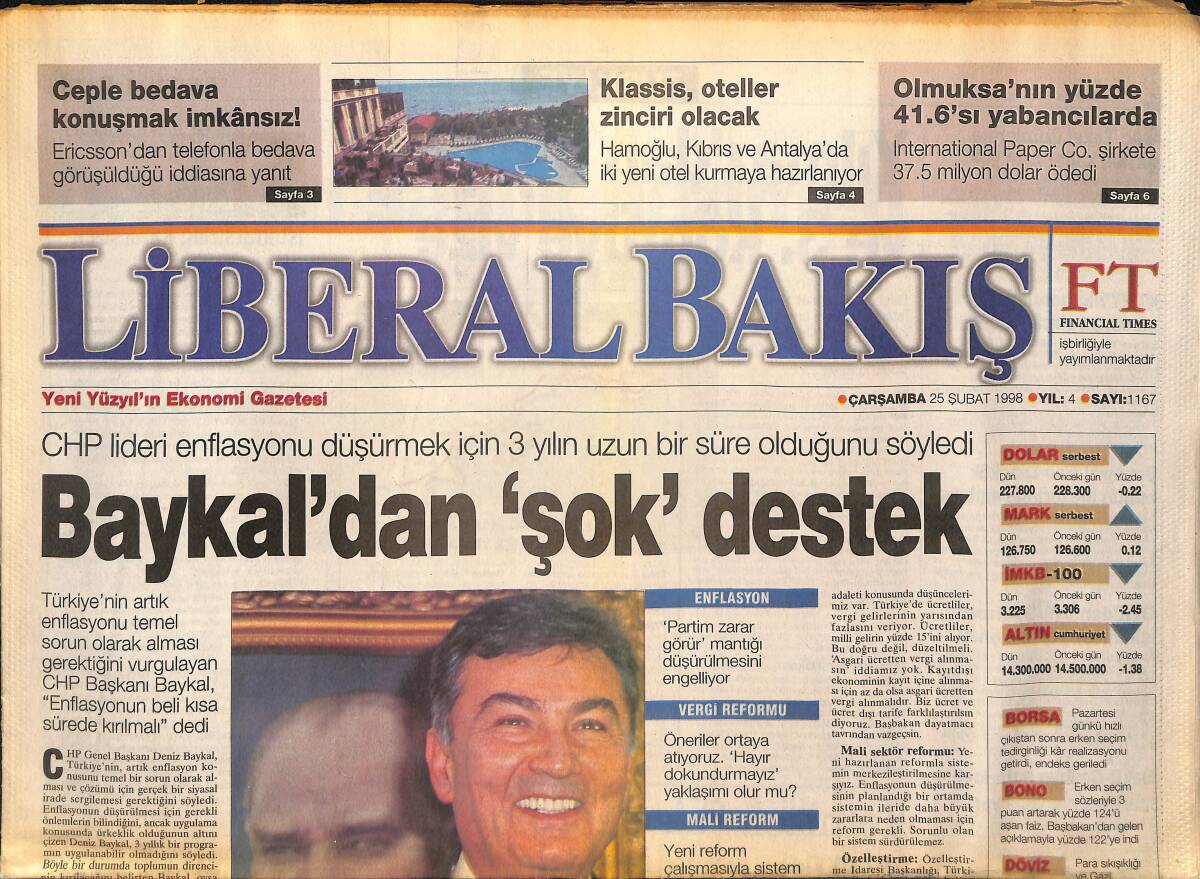 Yeni Yüzyıl Gazetesi Liberal Bakış Eki 25 Şubat 1998 - Diyarbakır'a Akmerkez - Baykal'dan Şok Destek GZ155459 - 1