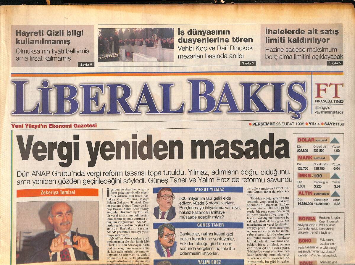 Yeni Yüzyıl Gazetesi Liberal Bakış Eki 26 Şubat 1998 - Ford'un Başına Bir Ford - İMF'98'i Çelebi Açacak GZ155480 - 1