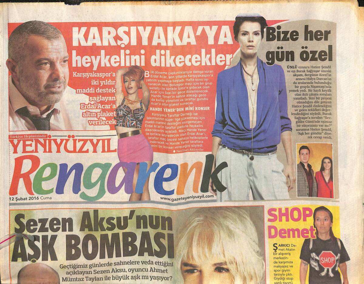 Yeni Yüzyıl Gazetesi Rengarenk Eki 12 Şubat 2016 - Sezen Aksu'nun Aşk Bombası - Beren Saat Trafikte Senaryo Çalışıyor GZ137261 - 1