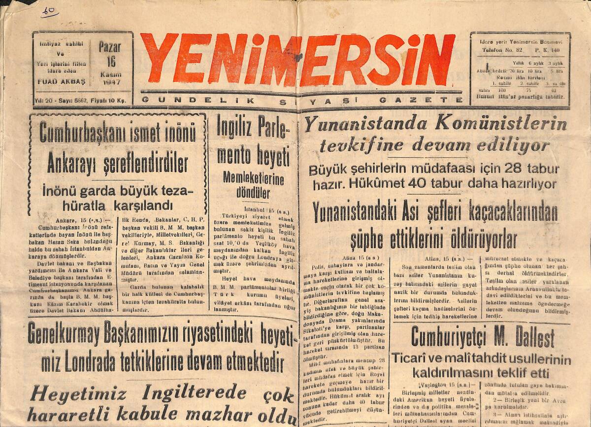Yenimersin Gazetesi 16 Kasım 1947 - Cumhurbaşkanı İsmet İnönü Ankara'da, Heyetimiz İngiltere'de, DE SOTO Kamyon Reklamı GZ134718 - 1